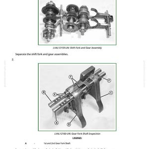 Peut inclure: Diagrammes de fourchettes et d'arbres de changement de vitesse pour le d&eacute;montage et l'assemblage. L'image comprend des illustrations d&eacute;taill&eacute;es d'ensembles d'engrenages et d'arbres de fourche, avec des &eacute;tiquettes et une l&eacute;gende pour l'inspection.