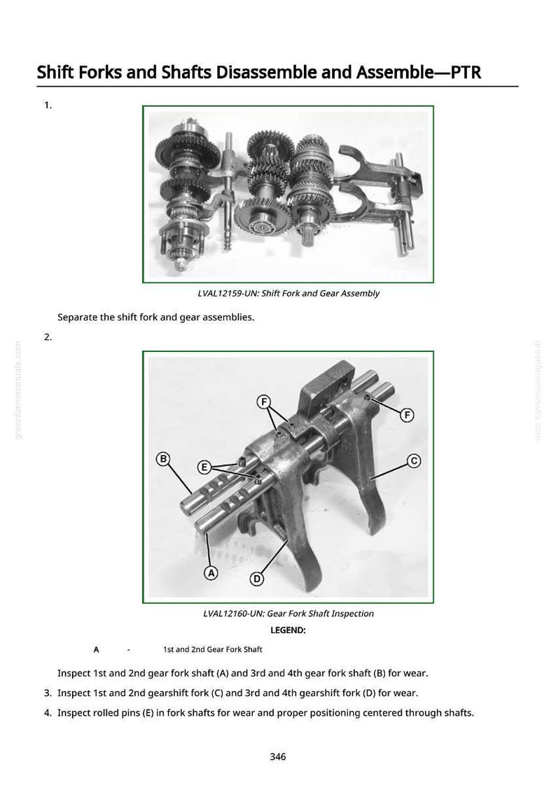 Peut inclure: Diagrammes de fourchettes et d'arbres de changement de vitesse pour le d&eacute;montage et l'assemblage. L'image comprend des illustrations d&eacute;taill&eacute;es d'ensembles d'engrenages et d'arbres de fourche, avec des &eacute;tiquettes et une l&eacute;gende pour l'inspection.