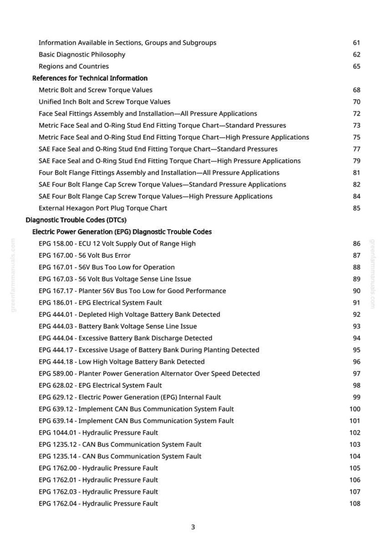 May include: A page from a manual with a table of contents. The text includes sections on technical information, diagnostic trouble codes, and electric power generation faults. The page number is 3.