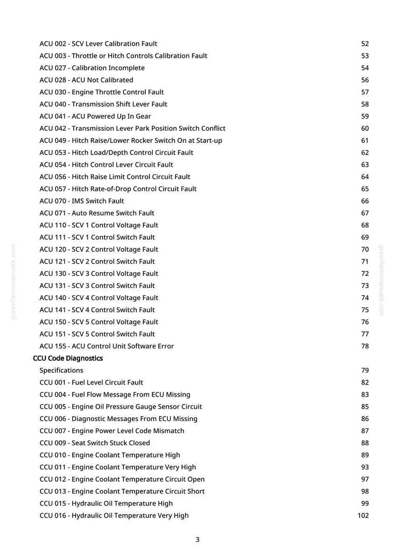 May include: A page from a manual with a list of ACU and CCU code diagnostics. The text includes fault descriptions such as "Throttle or Hitch Controls Calibration Fault" and "Fuel Level Circuit Fault".