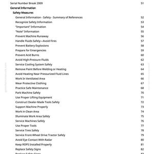 May include: A page from a manual titled "Table of Contents" with a list of safety measures and general information. The text is black on a white background, with page numbers on the right.