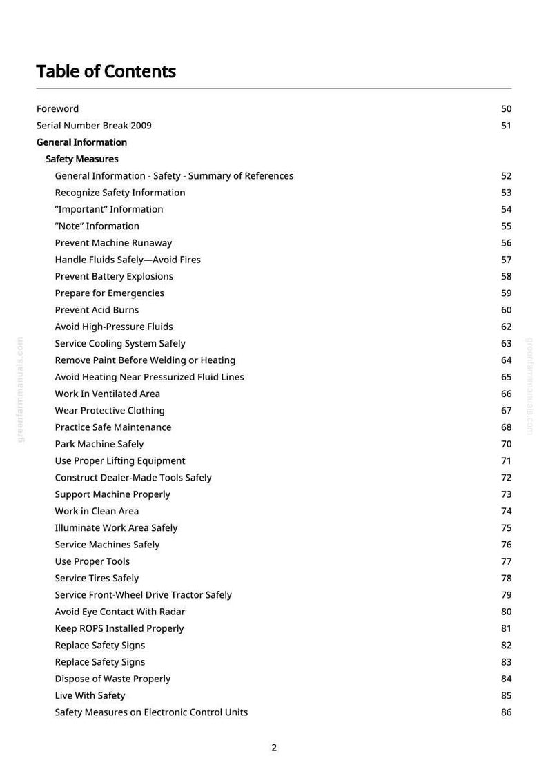 May include: A page from a manual titled "Table of Contents" with a list of safety measures and general information. The text is black on a white background, with page numbers on the right.