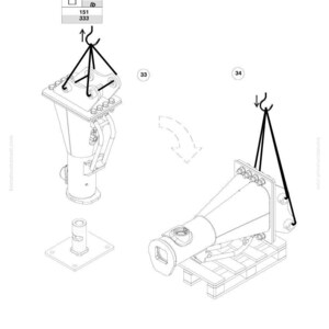 Puede incluir: Diagrama t&eacute;cnico de componentes de maquinaria pesada, incluido un mecanismo de elevaci&oacute;n con un indicador de peso de 151 kg. El diagrama incluye varias piezas, como una base cuadrada, una estructura c&oacute;nica y una paleta.