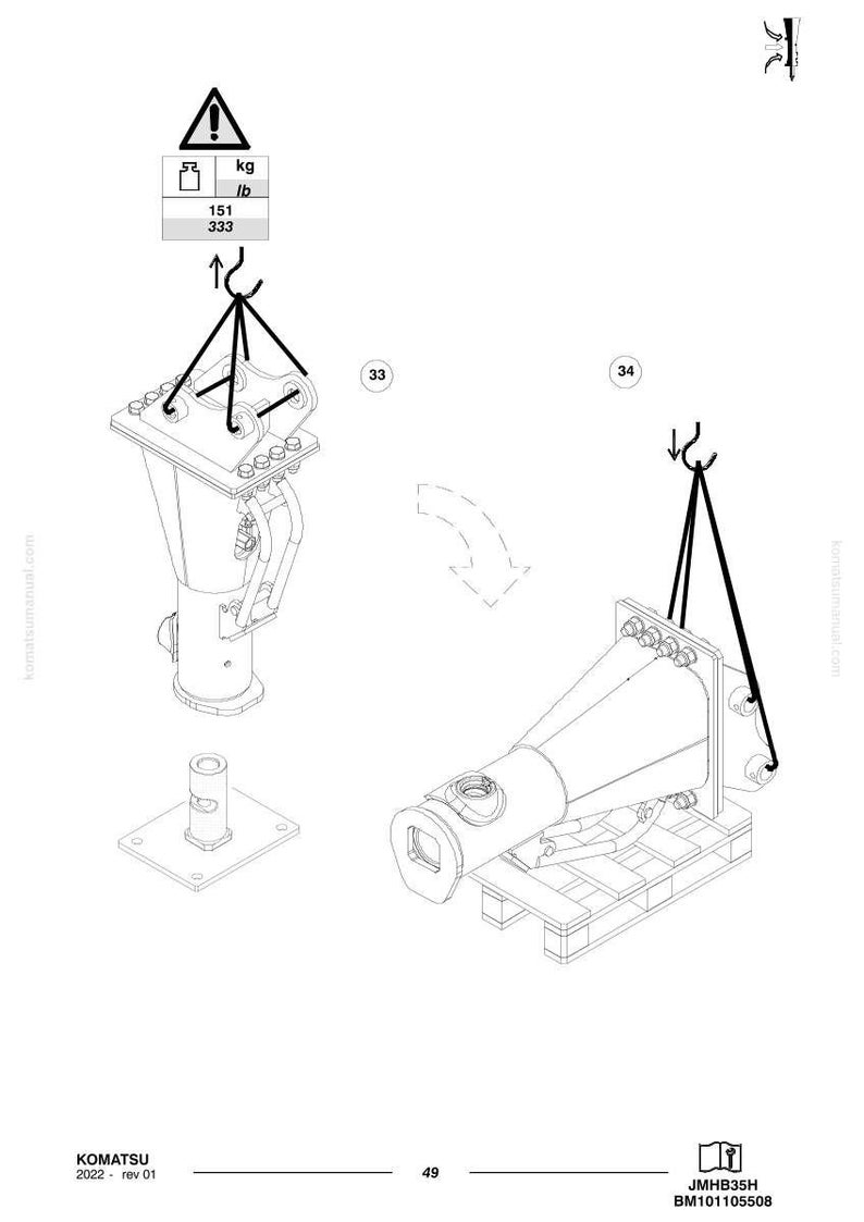 Puede incluir: Diagrama t&eacute;cnico de componentes de maquinaria pesada, incluido un mecanismo de elevaci&oacute;n con un indicador de peso de 151 kg. El diagrama incluye varias piezas, como una base cuadrada, una estructura c&oacute;nica y una paleta.