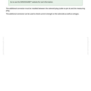 Peut inclure: Une page blanche avec du texte d&eacute;taillant les outils requis pour un faisceau de test de sol&eacute;no&iuml;de. Le texte comprend le nom de l'outil, JDG774-Solenoid Test Harness, et des instructions pour visiter le site Web SERVICEGARD pour plus d'informations.