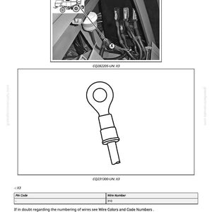 May include: Diagram of an electrical component labeled "X3 - Front Main Harness Ground." The image includes a detailed illustration of a ring terminal connector and a diagram of the harness. Text includes "CQ282205-UN: X3" and "CQ231300-UN: X3."