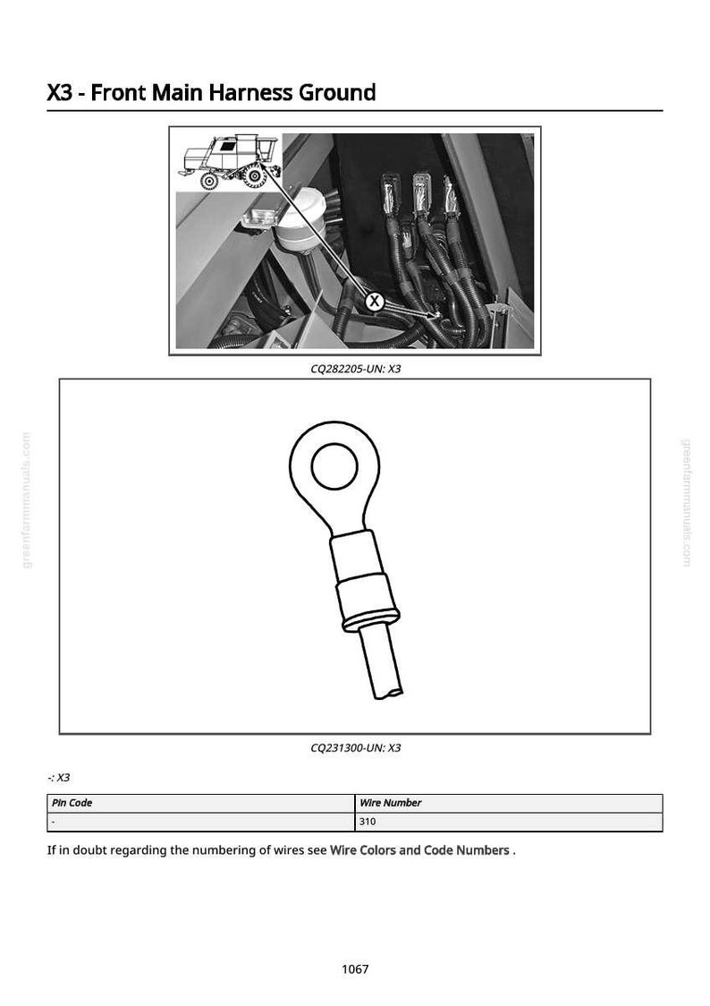 May include: Diagram of an electrical component labeled "X3 - Front Main Harness Ground." The image includes a detailed illustration of a ring terminal connector and a diagram of the harness. Text includes "CQ282205-UN: X3" and "CQ231300-UN: X3."