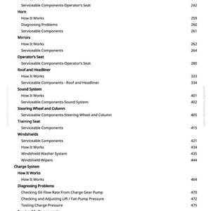 May include: A page from a manual with a table of contents. The text includes sections on diagnosing problems, operator's seat, horn, mirrors, roof, sound system, steering wheel, windshields, and charge system. Page numbers are listed on the right.
