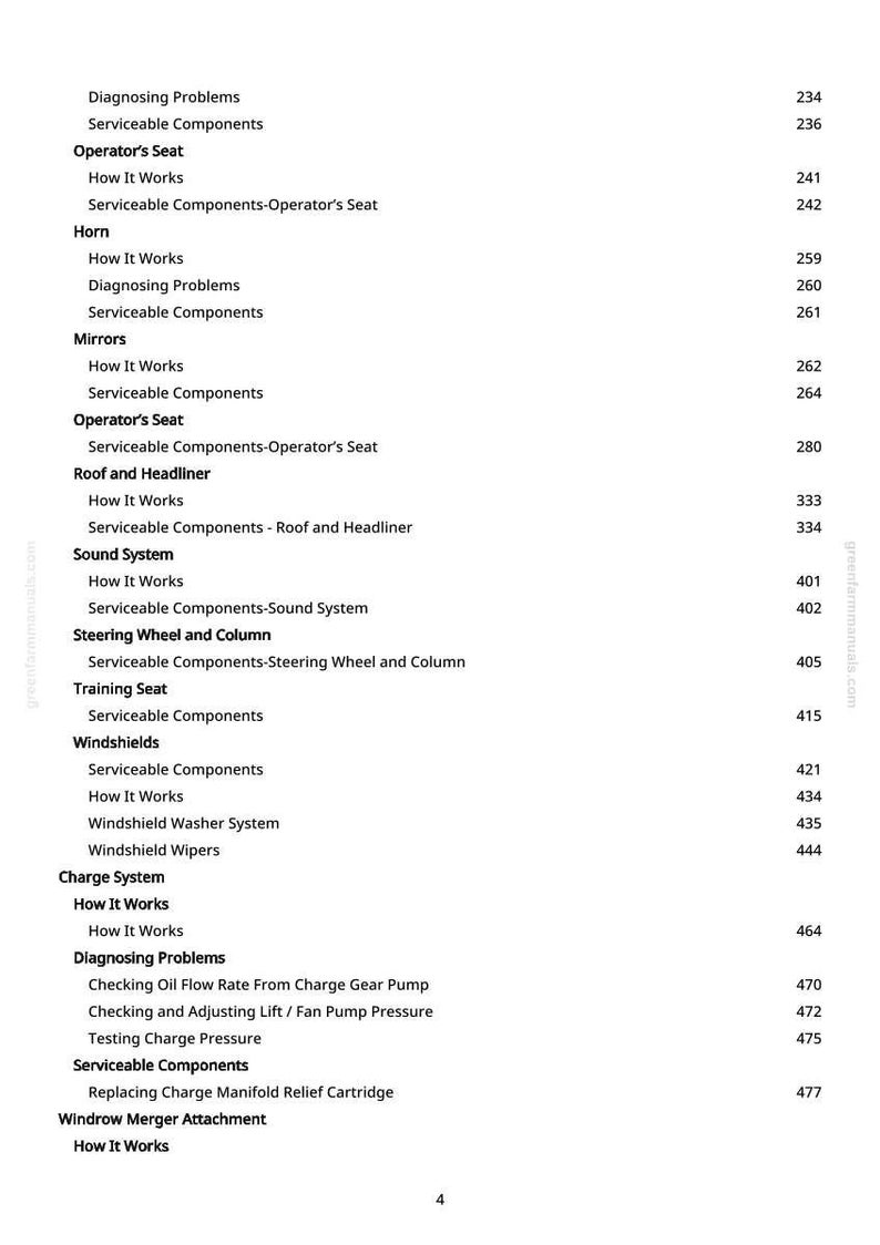 May include: A page from a manual with a table of contents. The text includes sections on diagnosing problems, operator's seat, horn, mirrors, roof, sound system, steering wheel, windshields, and charge system. Page numbers are listed on the right.