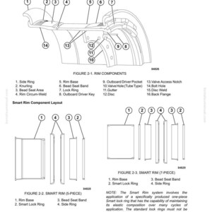 May include: Diagram of rim components with labels and a smart rim component layout. Includes side rings, lock rings, and other parts. Text includes "Tires and Rims" and "Smart Rim Component Layout."