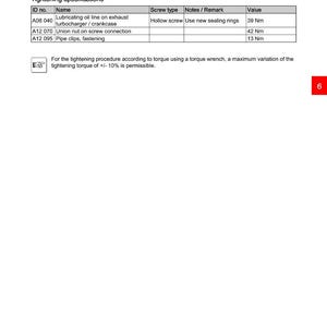 May include: Technical data sheet for a lubricating oil pipe, featuring a table with tightening specifications. The table includes ID numbers, names, screw types, notes, and values in Newton meters (Nm). The document also includes the DEUTZ logo.