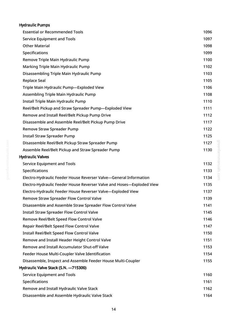 May include: A detailed table of contents from a manual, listing various hydraulic pump and valve components. The text includes specifications, exploded views, and instructions for maintenance and repair. The page number is 14.