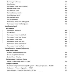 May include: A page from a manual with a table of contents for a mower. The text includes sections on operator's station repair, miscellaneous repair, and engine operation, tests, and adjustments. Page number 7 is visible.