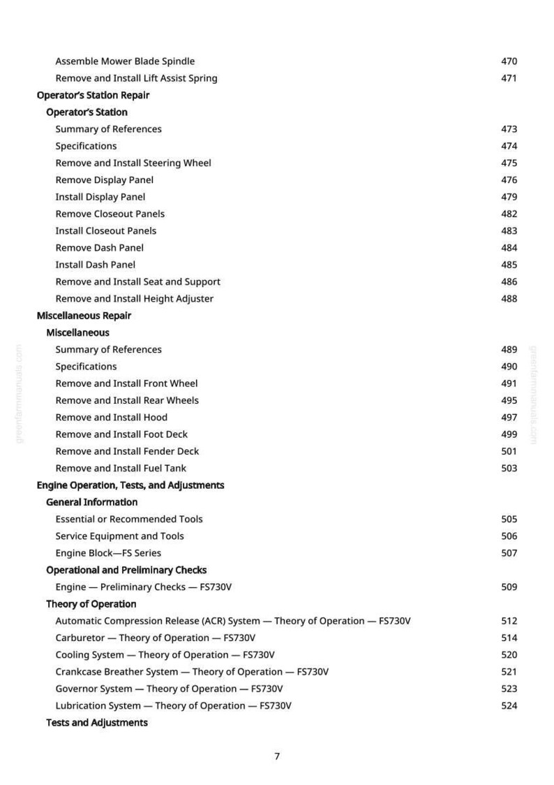 May include: A page from a manual with a table of contents for a mower. The text includes sections on operator's station repair, miscellaneous repair, and engine operation, tests, and adjustments. Page number 7 is visible.