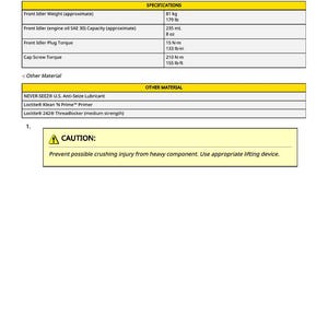 Puede incluir: Un diagrama t&eacute;cnico titulado "Front Idler Disassemble and Assemble" con especificaciones de peso, capacidad y par. Incluye una advertencia sobre lesiones por aplastamiento y enumera materiales.