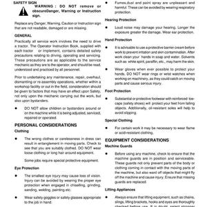 May include: A page from a Massey Ferguson MF 2640 2WD/4WD Workshop service manual. The manual covers safety precautions, including breathing, hearing, and hand protection. It also details personal considerations like clothing and eye protection.