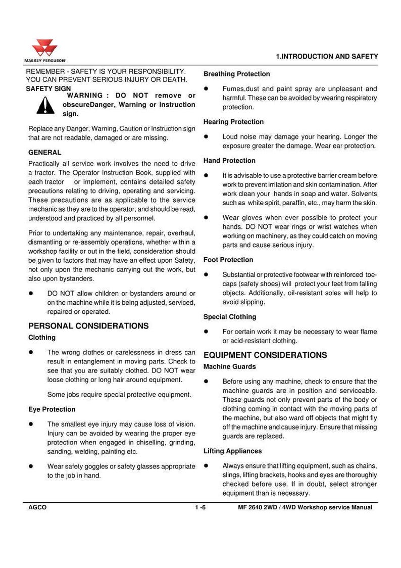 May include: A page from a Massey Ferguson MF 2640 2WD/4WD Workshop service manual. The manual covers safety precautions, including breathing, hearing, and hand protection. It also details personal considerations like clothing and eye protection.
