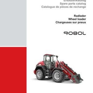K&ouml;nnte beinhalten: Ein roter und schwarzer Radlader, Modell 9080L, wird vor wei&szlig;em Hintergrund gezeigt. Das Bild enth&auml;lt das Weidemann-Logo und Text in Deutsch, Englisch und Franz&ouml;sisch. Der Ersatzteilkatalog ist ebenfalls sichtbar.