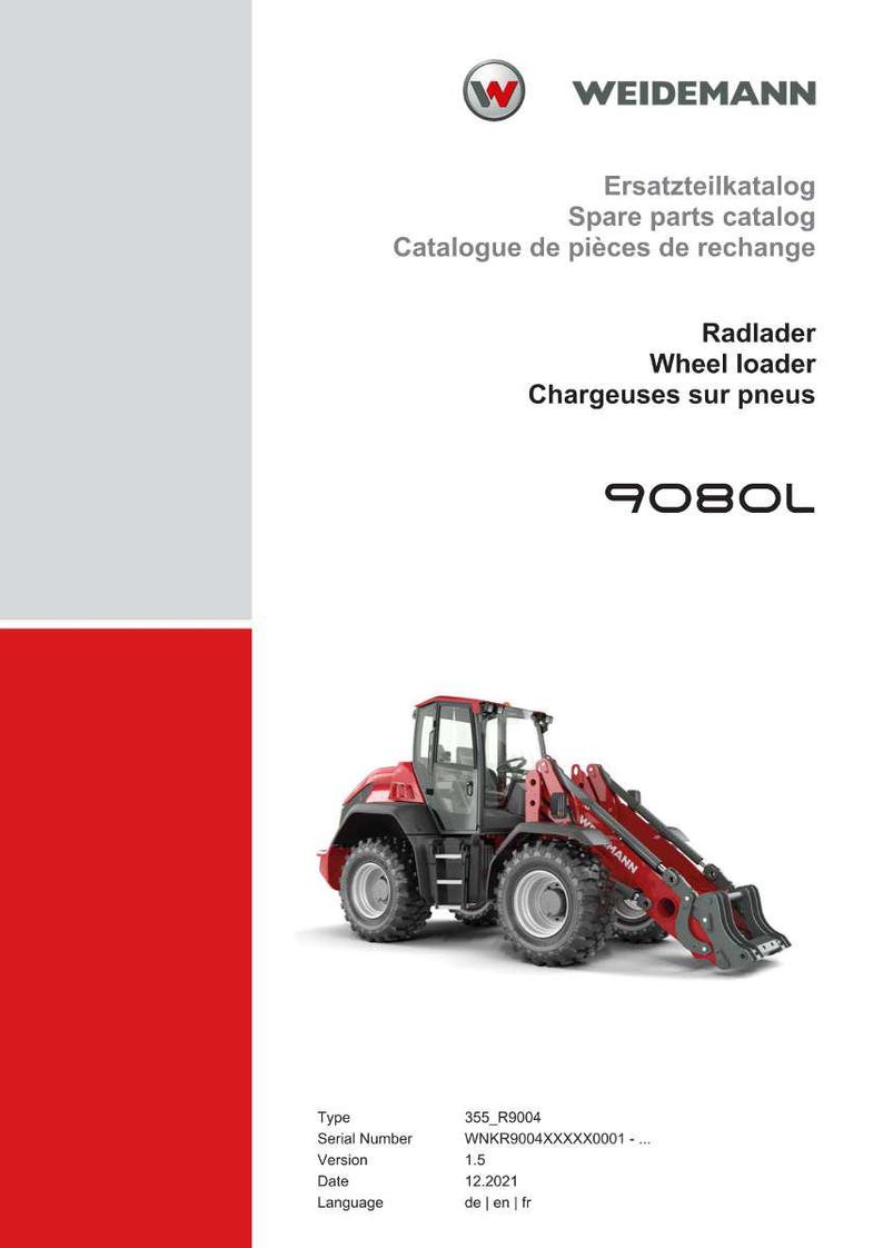 K&ouml;nnte beinhalten: Ein roter und schwarzer Radlader, Modell 9080L, wird vor wei&szlig;em Hintergrund gezeigt. Das Bild enth&auml;lt das Weidemann-Logo und Text in Deutsch, Englisch und Franz&ouml;sisch. Der Ersatzteilkatalog ist ebenfalls sichtbar.