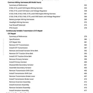 Puede incluir: Una p&aacute;gina detallada de un manual, que enumera los mazos de cables automotrices, los componentes del motor y los procedimientos de reparaci&oacute;n de CVT. El texto incluye n&uacute;meros de pieza y pasos de reparaci&oacute;n, con n&uacute;meros de p&aacute;gina a la derecha.