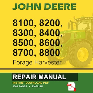 May include: A John Deere repair manual cover featuring a green tractor on a yellow background. The text includes "JOHN DEERE" in green, model numbers, and "Forage Harvester." The bottom section reads "REPAIR MANUAL" and "INSTANT DOWNLOAD PDF."