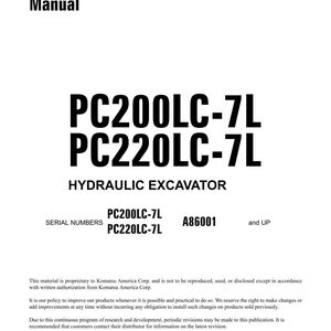 K&ouml;nnte beinhalten: Ein wei&szlig;es Shop-Handbuch mit dem Titel "Shop Manual" mit dem Text "PC200LC-7L PC220LC-7L HYDRAULIC EXCAVATOR". Das Handbuch enth&auml;lt Seriennummern und Urheberrechtsinformationen.