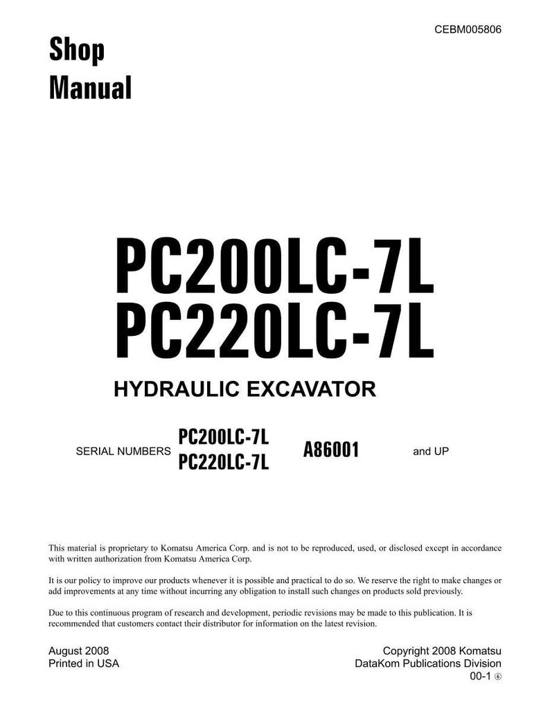 K&ouml;nnte beinhalten: Ein wei&szlig;es Shop-Handbuch mit dem Titel "Shop Manual" mit dem Text "PC200LC-7L PC220LC-7L HYDRAULIC EXCAVATOR". Das Handbuch enth&auml;lt Seriennummern und Urheberrechtsinformationen.
