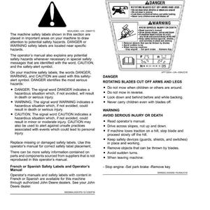 May include: A page from an operator's manual with safety labels and warnings. The labels include danger symbols and instructions to avoid injury from rotating blades. Text includes "DANGER" and "WARNING" messages.