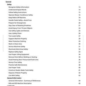 May include: A white page titled "Table of Contents" from a manual. The table lists safety topics such as "Recognize Safety Information" and "Use Safety Lights and Devices". The page also includes general information and lubricant sections.