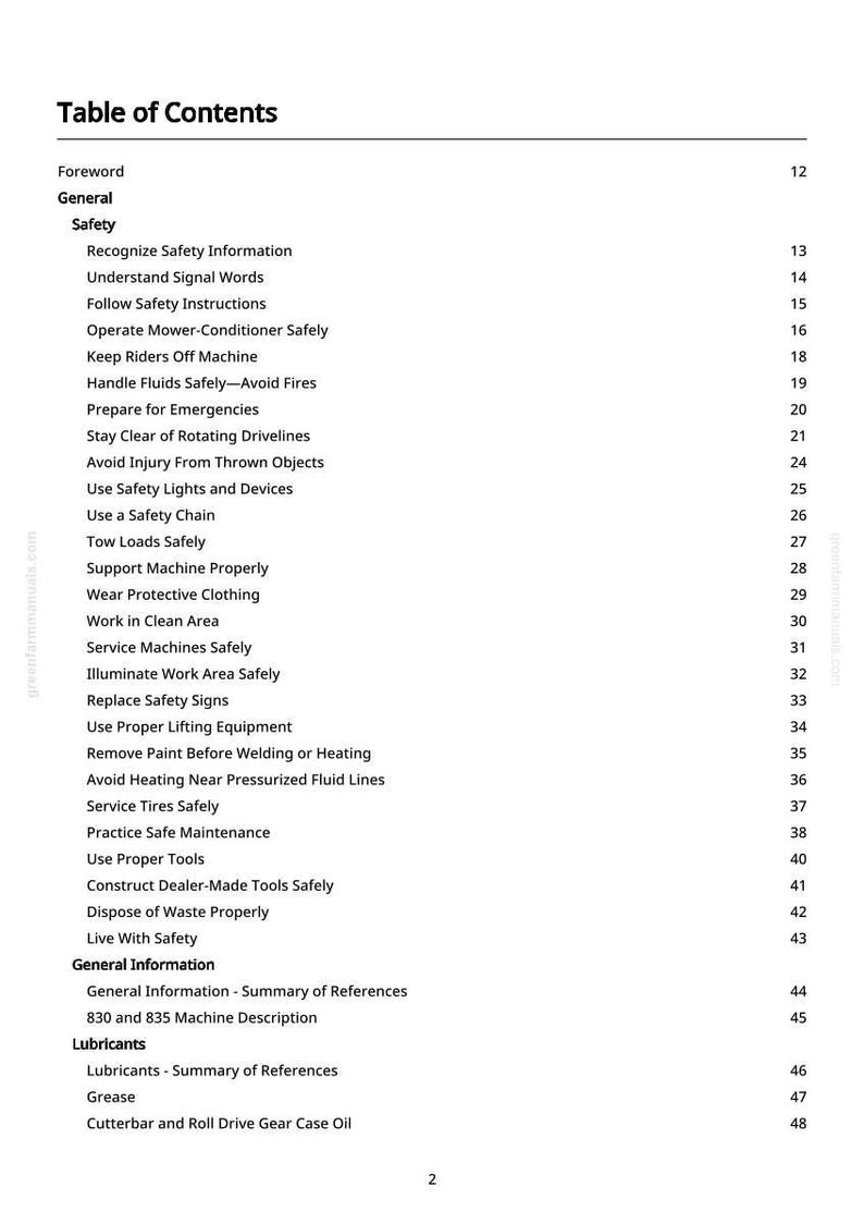 May include: A white page titled "Table of Contents" from a manual. The table lists safety topics such as "Recognize Safety Information" and "Use Safety Lights and Devices". The page also includes general information and lubricant sections.