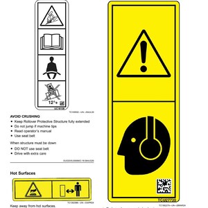 May include: A page of safety labels without text, featuring warning symbols. The labels warn against crushing, loud noise exposure, and hot surfaces. The image includes symbols for caution, and instructions for safe operation.