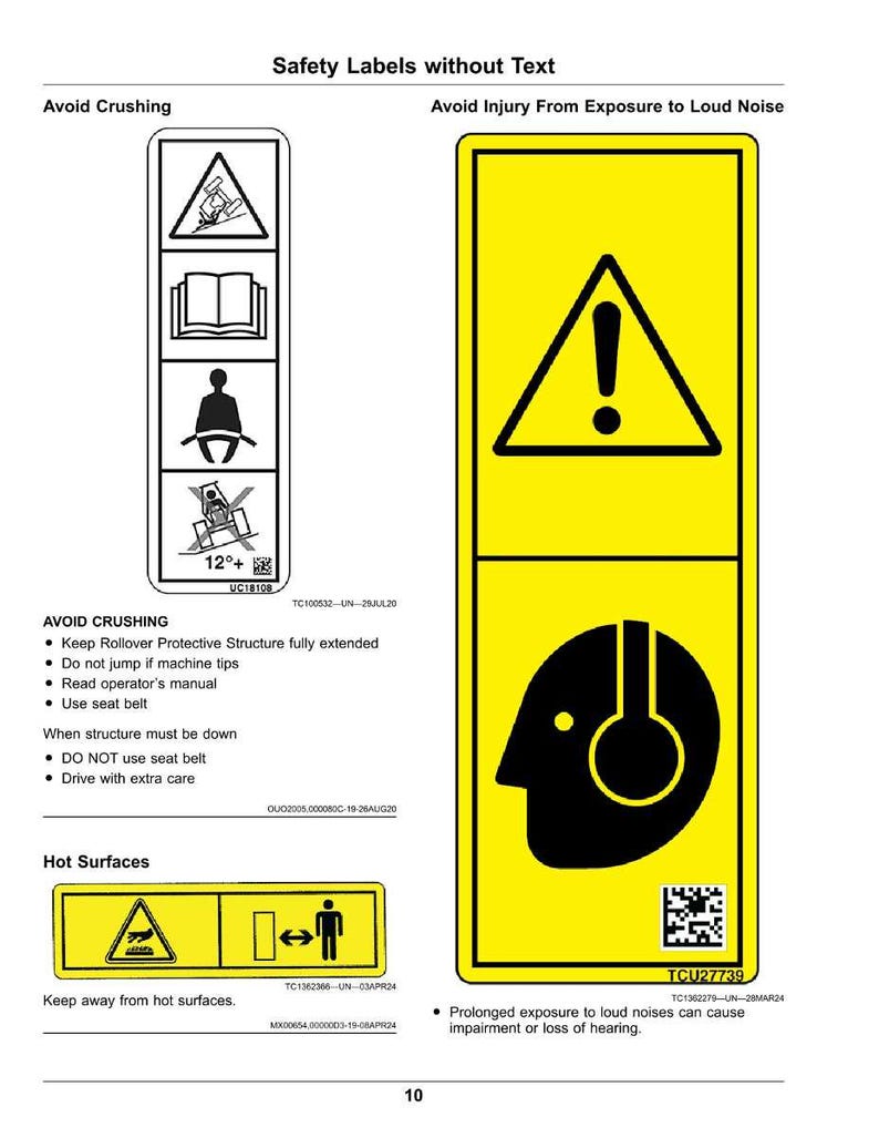 May include: A page of safety labels without text, featuring warning symbols. The labels warn against crushing, loud noise exposure, and hot surfaces. The image includes symbols for caution, and instructions for safe operation.