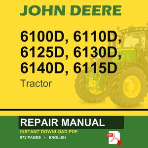 Op de afbeelding: Een John Deere reparatiehandleiding omslag met een groene tractor op een gele achtergrond. De tekst bevat "JOHN DEERE" en tractormodelnummers: 6100D, 6110D, 6125D, 6130D, 6140D en 6115D. De onderste sectie luidt "REPARATIEHANDLEIDING".