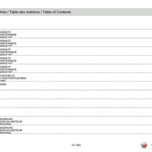 May include: A page from a manual titled "Table of Contents" in English, German, and French. The document lists maintenance and engine-related topics, including maintenance kits, hose clamps, and engine bedding. Page numbers are visible.