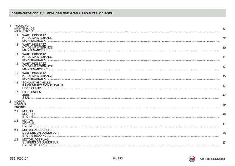 May include: A page from a manual titled "Table of Contents" in English, German, and French. The document lists maintenance and engine-related topics, including maintenance kits, hose clamps, and engine bedding. Page numbers are visible.
