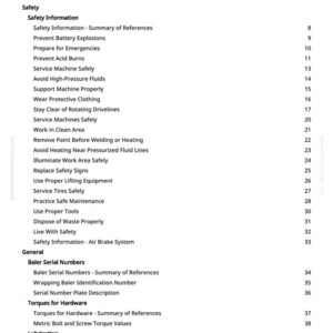 May include: A printed page titled "Table of Contents" from a manual. The table lists safety information, including topics like preventing battery explosions and acid burns, and general topics like baler serial numbers and lubrication.