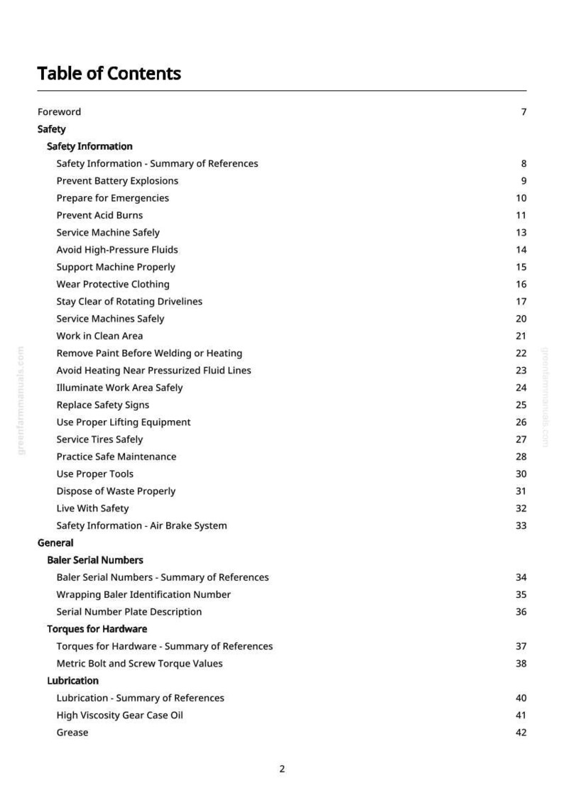 May include: A printed page titled "Table of Contents" from a manual. The table lists safety information, including topics like preventing battery explosions and acid burns, and general topics like baler serial numbers and lubrication.