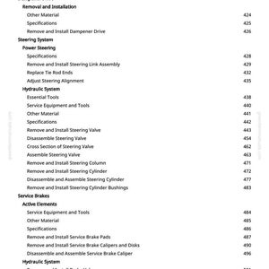 May include: A page from a greenfarmmanuals.com manual with a list of automotive repair procedures, including fuel tank removal, steering system maintenance, and brake service. The text is black on a white background.