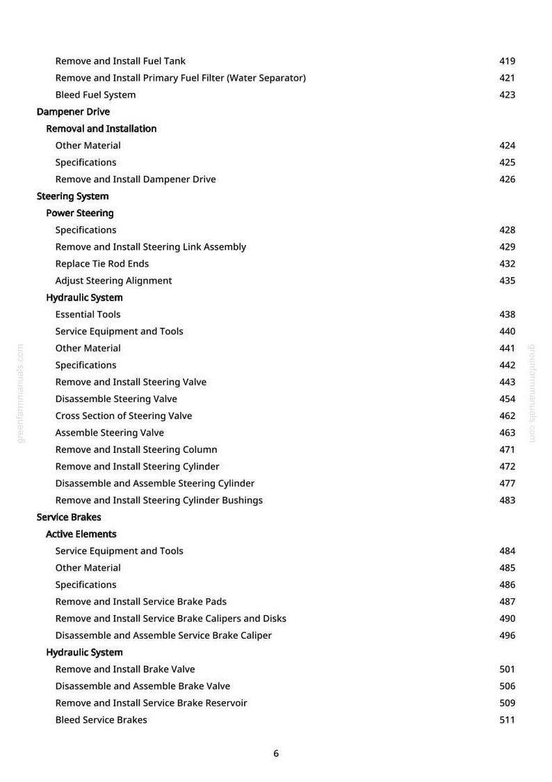 May include: A page from a greenfarmmanuals.com manual with a list of automotive repair procedures, including fuel tank removal, steering system maintenance, and brake service. The text is black on a white background.