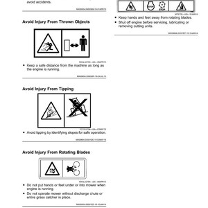 May include: A page titled "Safety Labels without Text" with several safety warning symbols. The warnings include avoiding injury from revolving blades, thrown objects, tipping, and rotating blades. Each warning has a corresponding symbol and safety instructions.