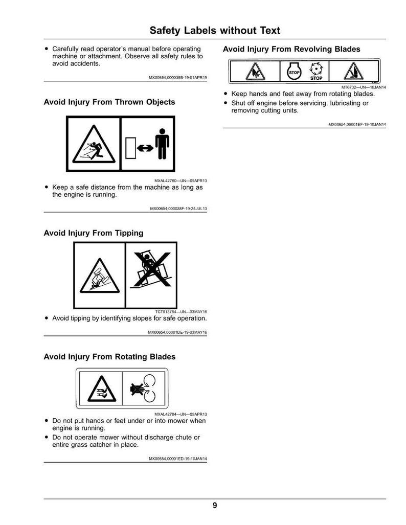 May include: A page titled "Safety Labels without Text" with several safety warning symbols. The warnings include avoiding injury from revolving blades, thrown objects, tipping, and rotating blades. Each warning has a corresponding symbol and safety instructions.
