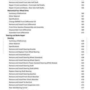 May include: A page from a greenfarmmanuals.com manual, listing automotive repair procedures. Topics include driveshaft, axle, steering, and brake repair. The page includes a table of contents with page numbers.