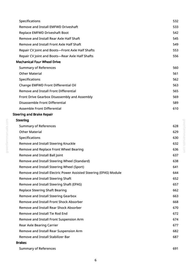 May include: A page from a greenfarmmanuals.com manual, listing automotive repair procedures. Topics include driveshaft, axle, steering, and brake repair. The page includes a table of contents with page numbers.