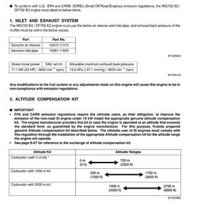 May include: A technical document outlining exhaust emission regulations for the WG752-E2/DF752-E2 engine. Includes specifications for the inlet and exhaust system, altitude compensation kit, and LPG regulator. Contains tables with measurements in meters and kW.
