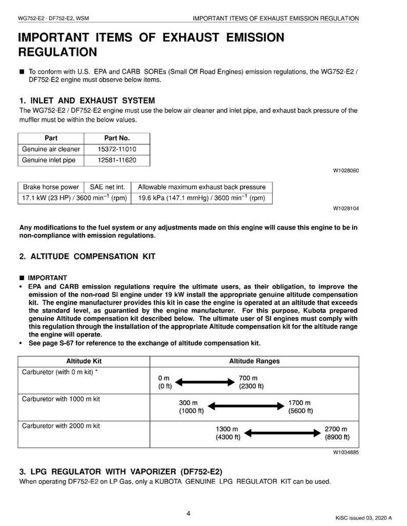 May include: A technical document outlining exhaust emission regulations for the WG752-E2/DF752-E2 engine. Includes specifications for the inlet and exhaust system, altitude compensation kit, and LPG regulator. Contains tables with measurements in meters and kW.