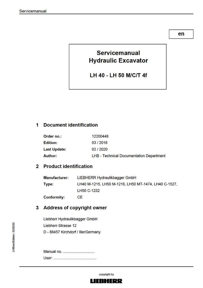 May include: A white Servicemanual for a Hydraulic Excavator, model LH 40 - LH 50 M/C/T 4f. The document includes details like the order number, edition date, and manufacturer information. The Liebherr logo is at the bottom.