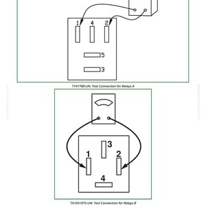 May include: Diagrams illustrating test connections for relays A and B. Each diagram shows a rectangular component with numbered terminals connected to a digital multimeter. The text "T141788-UN: Test Connection for Relays A" and "TX1041975-UN: Test Connection for Relays B" are included.