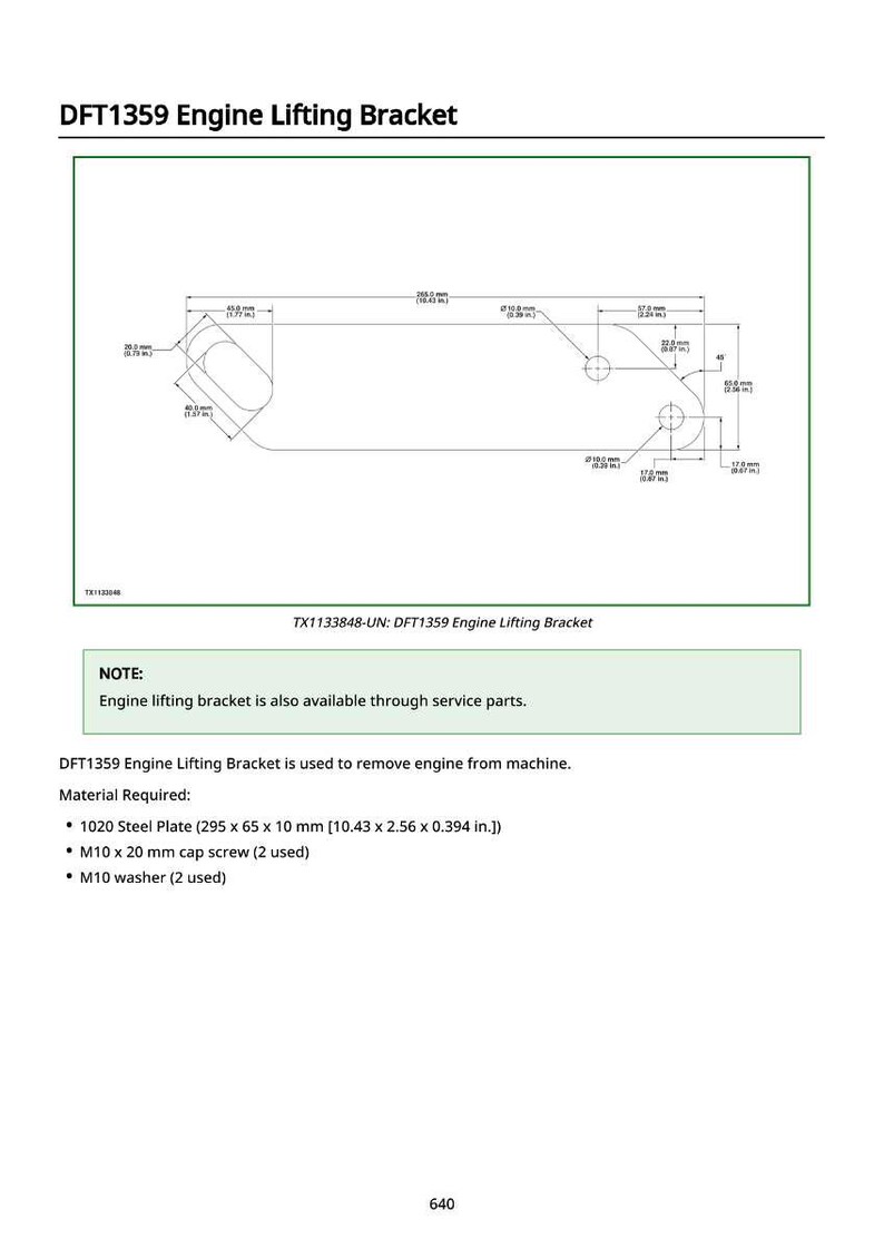 May include: Technical drawing of the DFT1359 Engine Lifting Bracket, showing measurements in both millimeters and inches. The diagram includes a note about service parts and lists required materials: steel plate, cap screws, and washers.