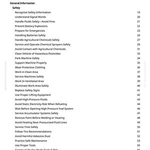 Pode incluir: Um documento em preto e branco intitulado "Tabela de Conte&uacute;dos" lista t&oacute;picos de seguran&ccedil;a, incluindo manuseio de fluidos, preven&ccedil;&atilde;o de explos&otilde;es e opera&ccedil;&atilde;o segura de m&aacute;quinas. O documento &eacute; um manual com uma marca d'&aacute;gua verde.