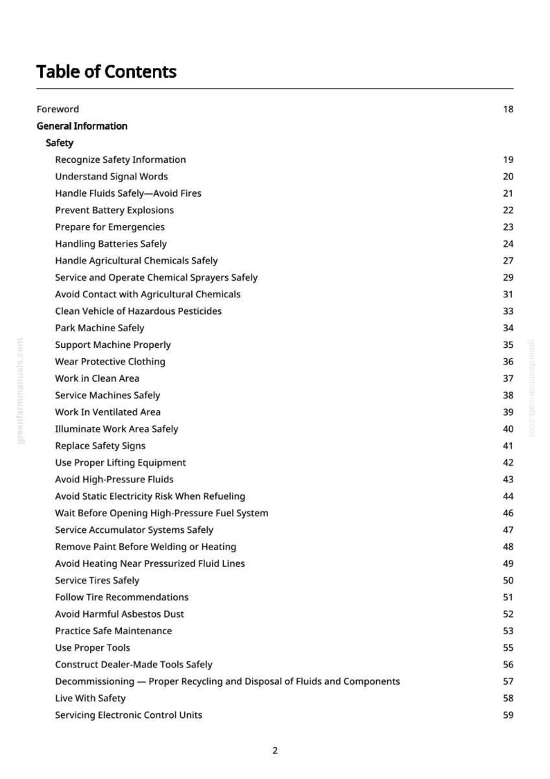 Pode incluir: Um documento em preto e branco intitulado "Tabela de Conte&uacute;dos" lista t&oacute;picos de seguran&ccedil;a, incluindo manuseio de fluidos, preven&ccedil;&atilde;o de explos&otilde;es e opera&ccedil;&atilde;o segura de m&aacute;quinas. O documento &eacute; um manual com uma marca d'&aacute;gua verde.